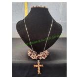 Vtg Wooden Cross Pendant Necklace