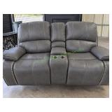 Grey Leather Reclining Loveseat w/Built-in