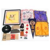 WWII US ARMY MEDIC & CAVALRY FLAG, PILLOWS & HATS
