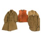WWI US WOOL OVERCOAT, FIELD SHIRT & LEATHER JERKIN