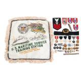 WWII - COLD WAR US NAVY MEDALS, PINS, PILLOW COVER