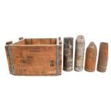 WWI ORDNANCE SHELL & WOODEN AMMUNITION CRATE