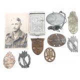 WWII GERMAN BADGES, CIGARETTE CASE & DOG TAGS