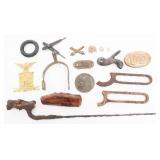 CIVIL WAR DUG BAYONET, CAP BADGES & BOOT SPUR