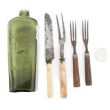 CIVIL WAR ERA LIQUOR & INK BOTTLES, FORKS & KNIFE