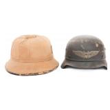 WWII GERMAN M34 LUFTSCHUTZ & TROPICAL PITH HELMETS
