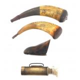 POWDER HORNS, SNUFF BOX, AND BRASS LAMP