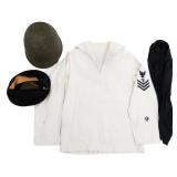 WWII US NAVY NAMED WHITE UNIFORM & M1 HELMET