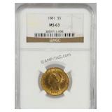 1881 5 Dollar Gold Liberty Head NGC MS63