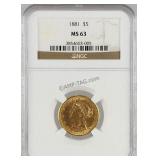 1881 5 Dollar Gold Liberty Head NGC MS63