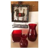 CHRISTMAS DECOR RED GLASS VASES GALVANIZED