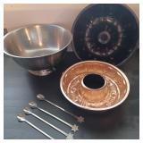 Mixed metals Bunt pans Stainless bowl Stirrers