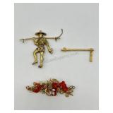 Large Figural Chinese  Boy Pin and  Faux Coral