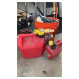 Two gas cans, bucket, full of work gloves