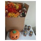 Box of Fall Artificial Flowers and Assorted Decor