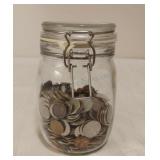 Jar of Assorted Coins-Quarters, Dimes, Nickels &