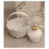 Ceramic Basket and Milk Glass Oil Lamp