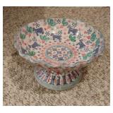 Large Pedestal Folk Art Pottery Bowl