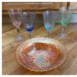 Colored Goblets & 10 inch Carnival Glass Bowl