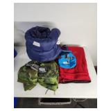 Sleeping bag, fleece zip blanket, tent stakes,