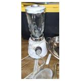 Blender and bakeware. Pyrex glass pans, strainer,