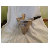 Vintage Aluminum Cone Strainer w Wooden Pestle