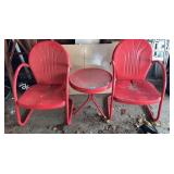 Two  red chairs with Matching Table