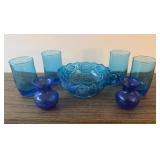 Blue Glass Vases, Dish & Juice Glasses