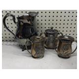 Silver Plated 3 Piece Tea Set & Oneida Pitcher