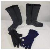 Black winter boots size 8W and 2 pairs of gloves