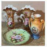 Hand Painted Porcelain Plate & Vases