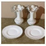 Clear/milkglass Ruffled Plates & Vases