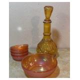 Amber Decanter, & Carnival Glass Bowls