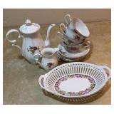 Rose Print Tea pot, Cups, Saucers & Basket