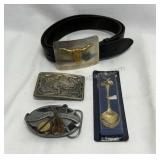 Leather belt 3 belt buckles and music city spoon