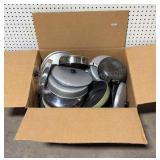 Box of Pots, Pans & Glass Lids