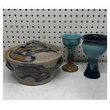 Art Pottery Covered Dish & Goblets
