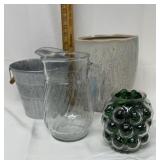 Glass, pitcher, ceramic pot, and decor