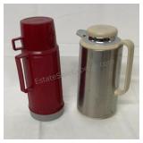 Red Thermos with cap and lid cup, and coffee