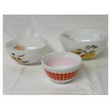 3 vintage Bowls,  2 Fire king fruit bowls and 1