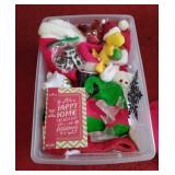 Tote of Assorted Holiday Plush, Santa Hats and