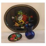 Large Painted Metal Tray, Blue Vase and More