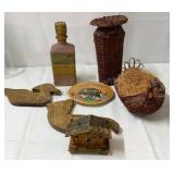 Decorative bottle, wooden artwork, wicker basket