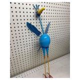 Whimsical Blue Metal Bird Sculpture 23 inches tall