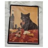 Vintage Black Cat with Wine Framed Art 16x12