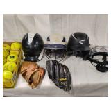 Assorted Baseball Helmets, Gloves and Balls