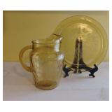 Yellow Glass Serving Plate & Glass Pitcher