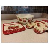 Franciscan Mixing Bowl Chipped and Hot Pads