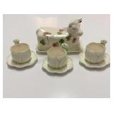 Cow Butter Dish & Set of 3 ceramic Frog Tea Cups