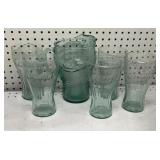 Coca Cola Green Glass Pitcher & Tall Glasses